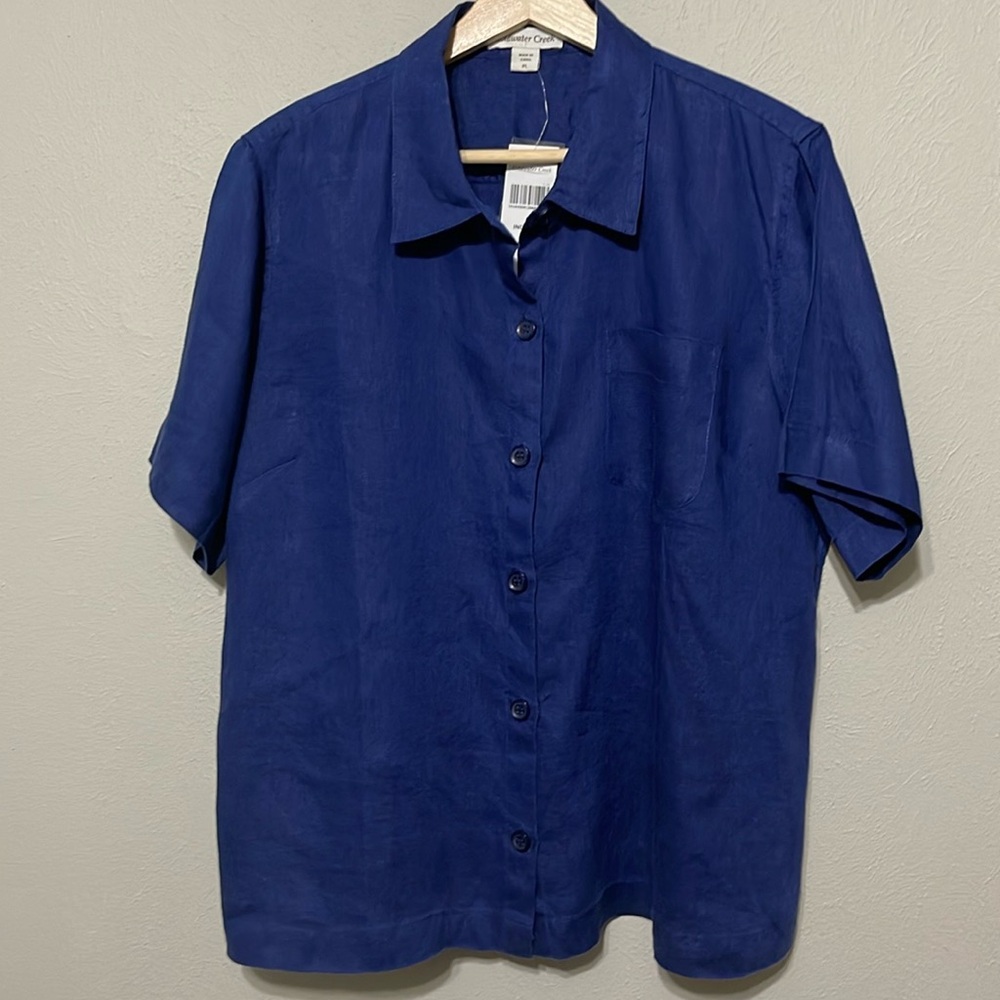 NWT Coldwater Creek Oversized Linen in Indian Ink Blue Camp Shirt, Petite L